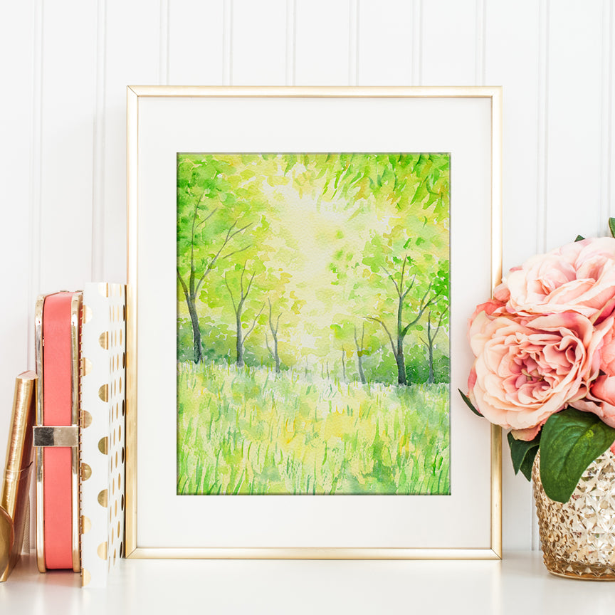 digital print of lime green woodland, fresh green woodland, art print 