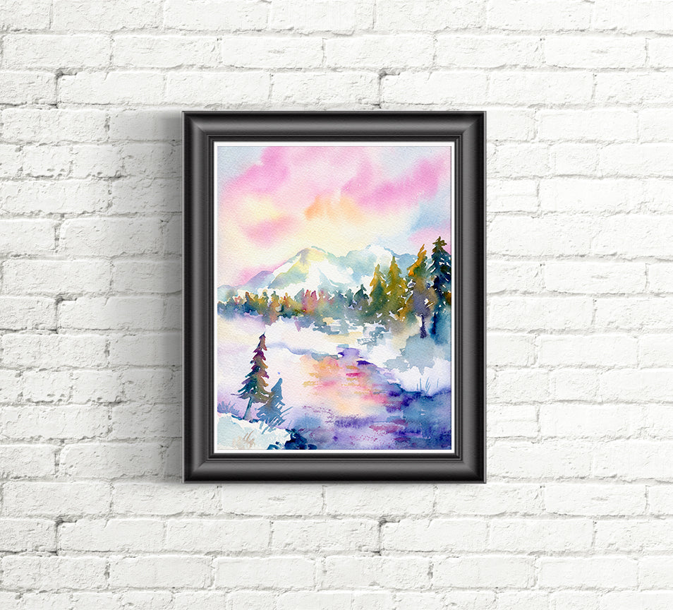 Watercolor painting of winter stream, forest and snow mountain, instant download 