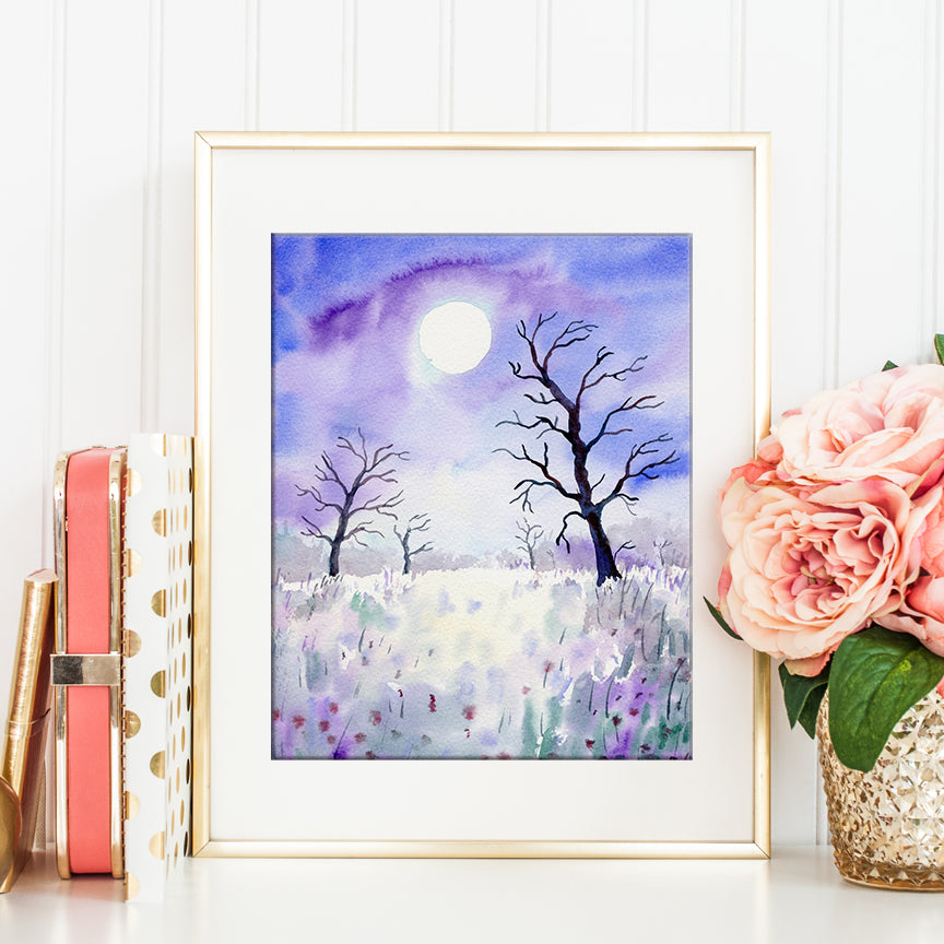 watercolor painting of purple themed moon light woodland, digital print