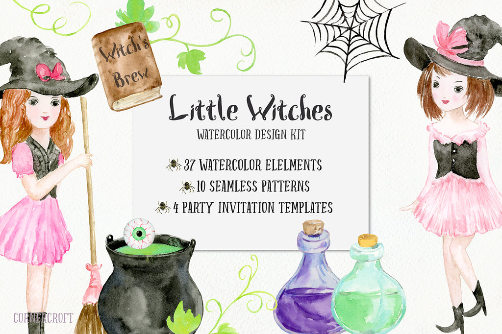 Halloween Witch design kit, patterns, boy and girl in Halloween costumes, halloween elements 