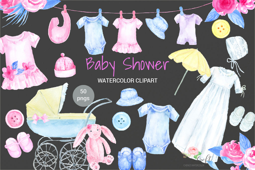 Watercolour baby shower clipart, pink toy, pink dress, white Christening gown, baby shoes, pram, crib, washing line
