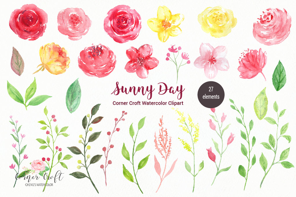 free download, watercolor clipart, Sunny day, watercolor flowers, pink, red, yellow
