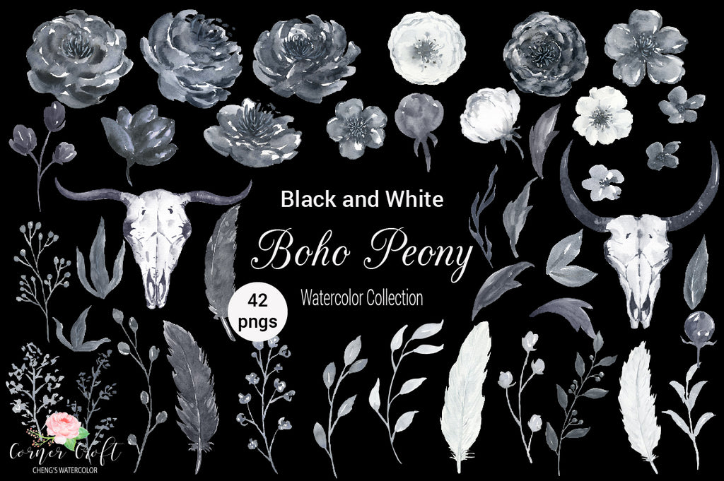 black peony element, watercolor clipart, part of collection, boho peony