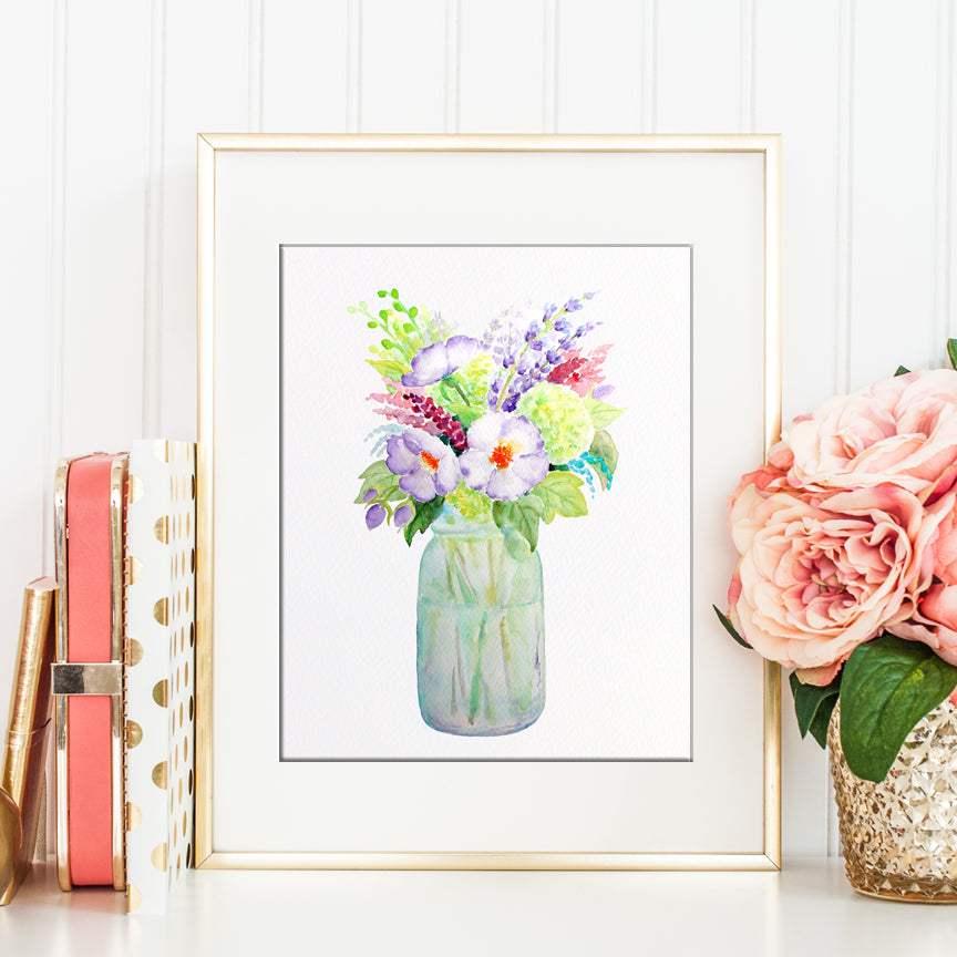 watercolor mason jar print, wild flowers, vase of flower, printable 