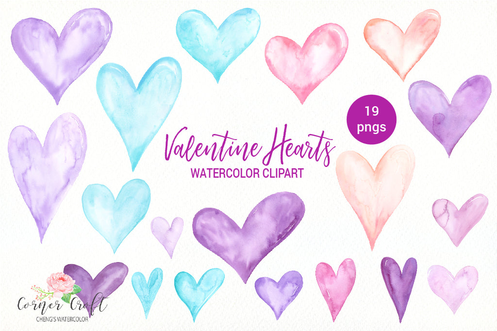 Valentine hearts for instant download, pink heart, blue heart, Purple Heart, watercolour heart