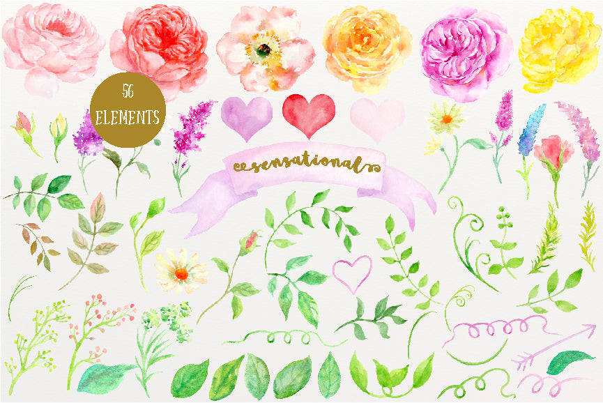 watercolour clipart sensational, pink rose, yellow rose, floral clip art, corner croft art