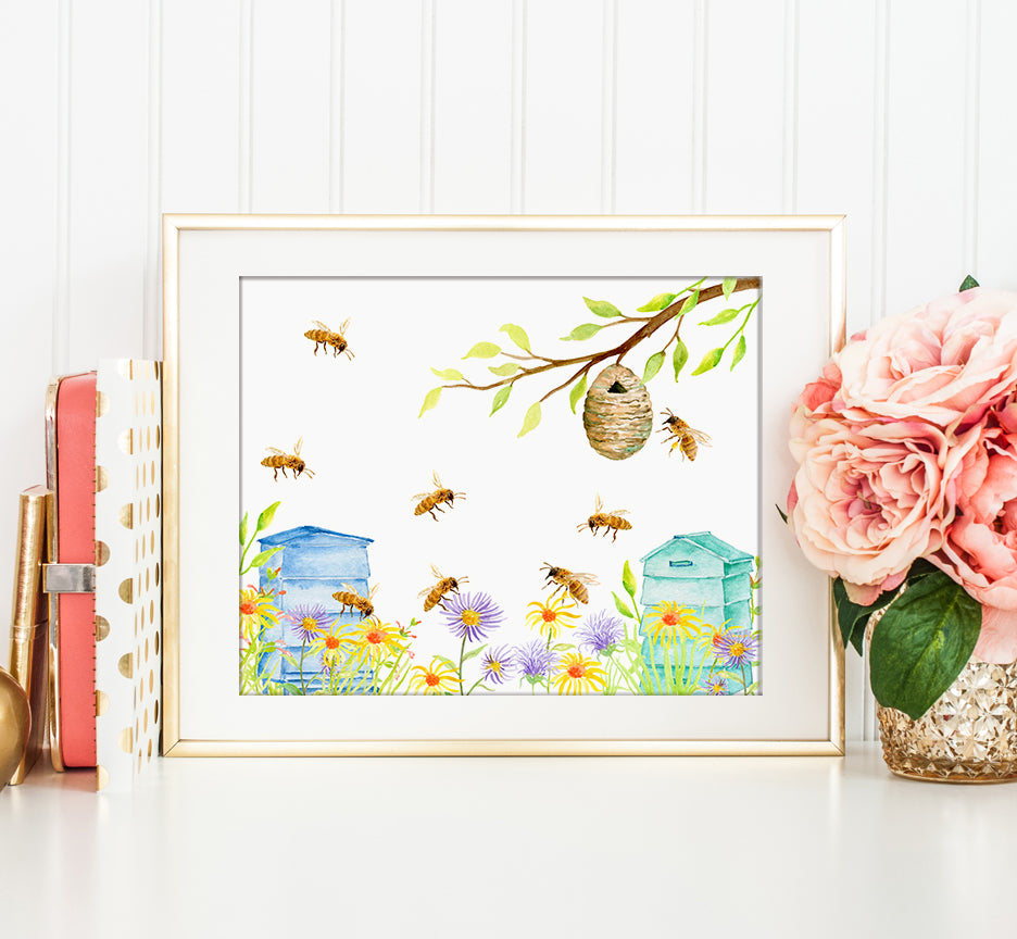 watercolor bee keeping, bees, hives and wild flowers printable