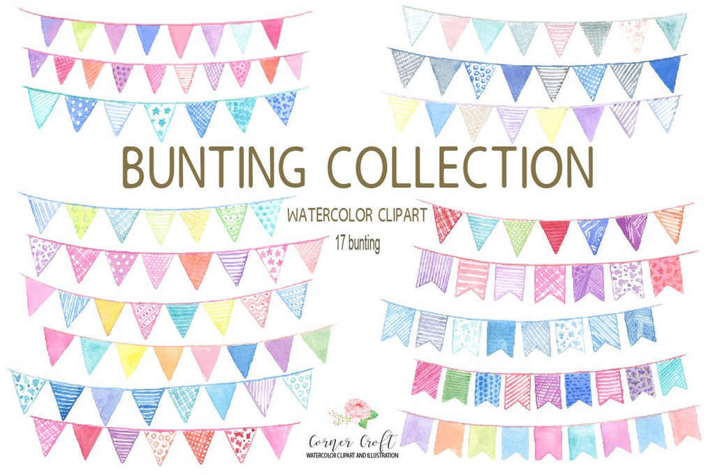 watercolor bunting, bunting, bunting clipart, clip art, corner croft art, digital download, blue bunting, pink bunting, decorative bunting, watercolour bunting