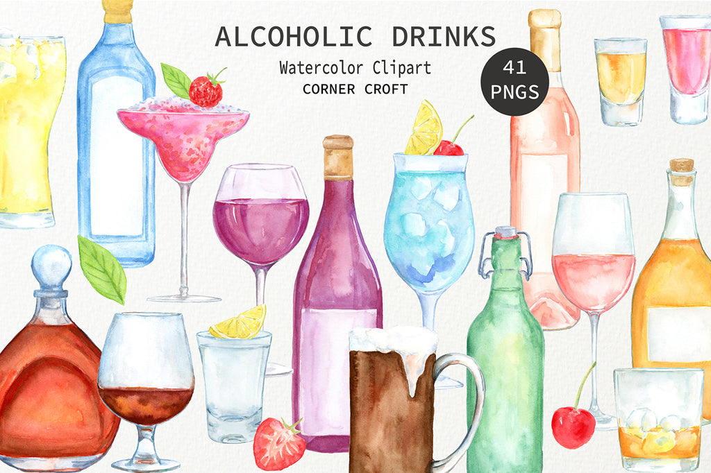 watercolor clipart alcoholic drinks, bottle and glass, detailed illustration, beer, wine, cocktail, shots, brandy, gin, tequila 