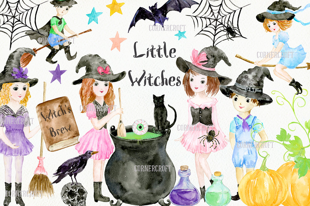 halloween elements of black cat, bat, spiders, spiders web, eyeball, pumpkins, witch's brooms, witch's hats, buntings and bottles