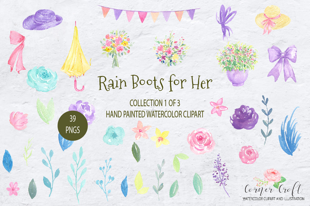 floral elements, rain boots for her, watercolor clipart, corner croft 