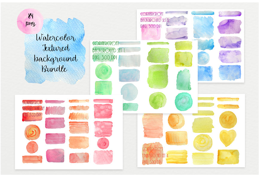 watercolor texture bundle, blue, green, yellow, pink, red, orange 
