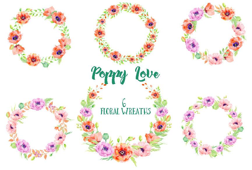 watercolor orange and red poppy wreath, logo design elements,  floral wreaths 
