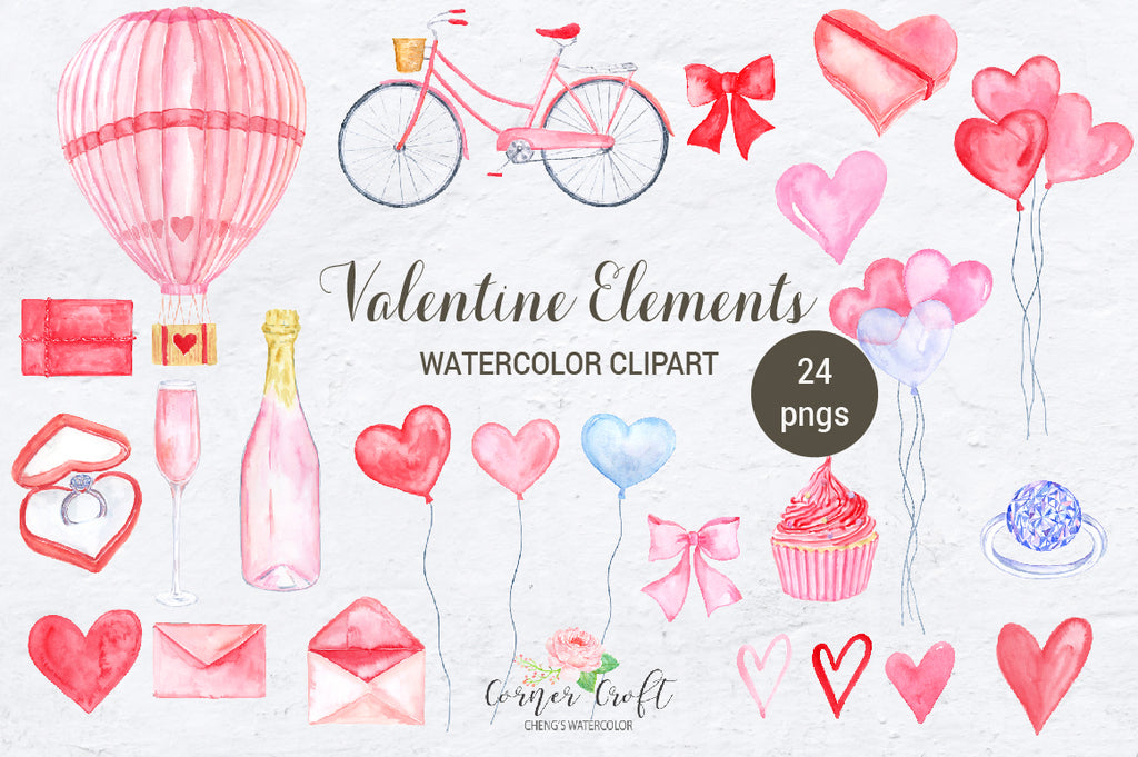 watercolour pink hot air balloon, pink bike, diamond ring, heart balloon, glass of champaign, hearts