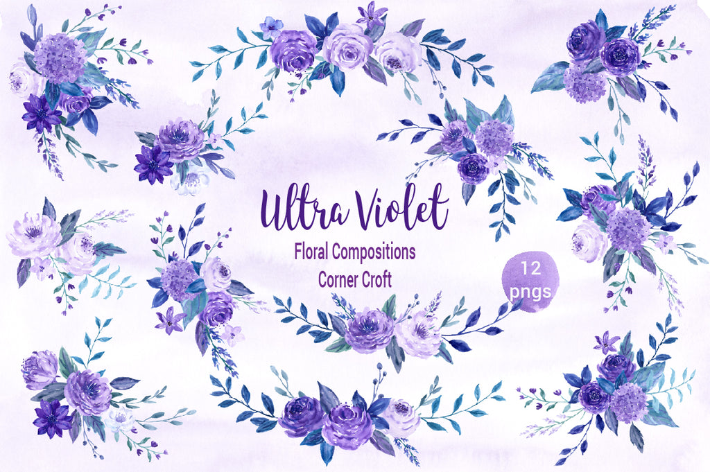 purple flower posy, floral composition, watercolor clipart ultra violet 