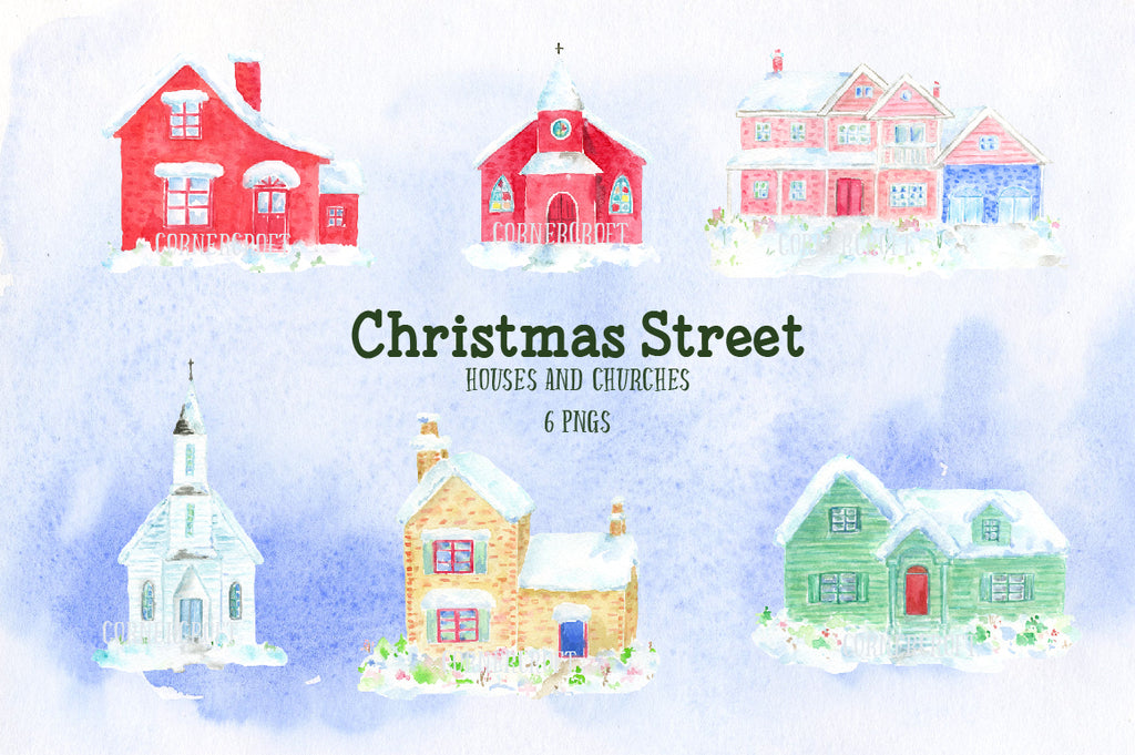 watercolor Christmas collection, Christmas streets, American houses, red car, red truck, ribbons, street signs.
