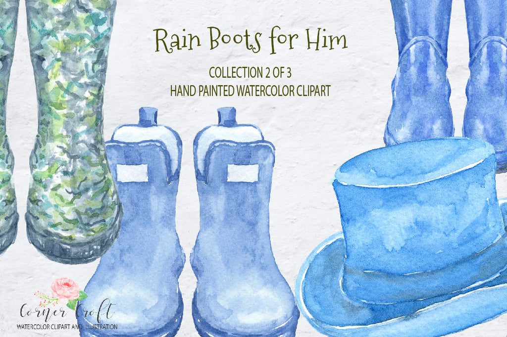 close up of watercolor rain boot clipart, blue rain boots, men's wellies