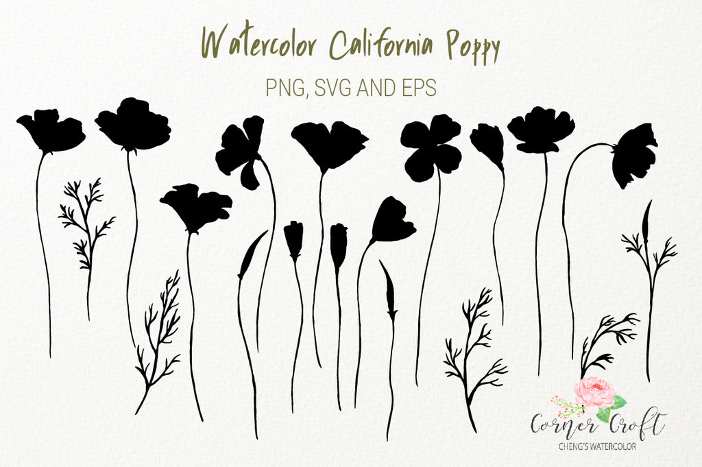 california poppy silhouette, black poppy, svg cut file, 