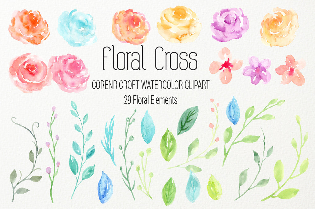 pastel color watercolor clipart, flowers illustration, cross clipart