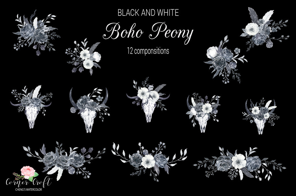 boho peony, floral arrangement, floral posy, black peony antler, skull, floral skull 