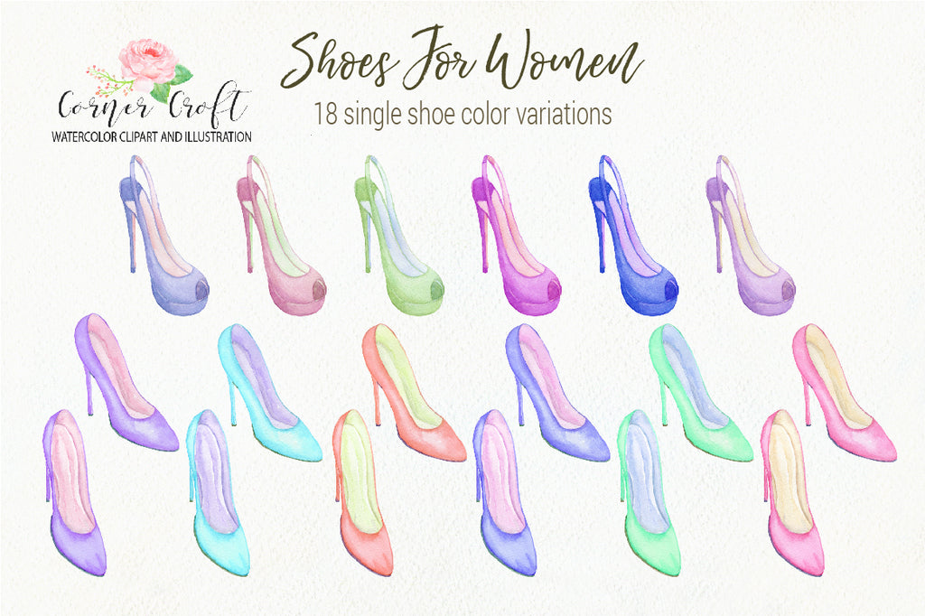 watercolor women shoes collection, pink shoes, blue shoes, yellow shoes, red shoes,