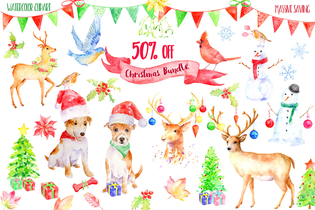 Watercolor Christmas Bundle, Christmas celebration pack, deer, dog, bird, holly