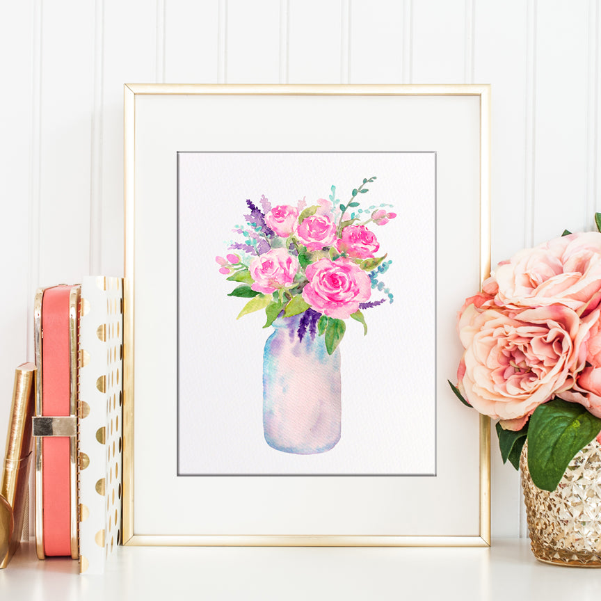 watercolor mason jar print, vase of pink roses, instant download 