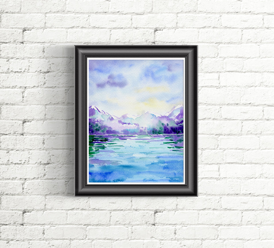Watercolor painting of distant snow mountain over water, blue themed watercolor painting.