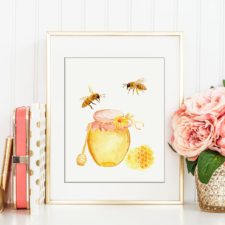 Watercolor honey bees and jar of honey printable