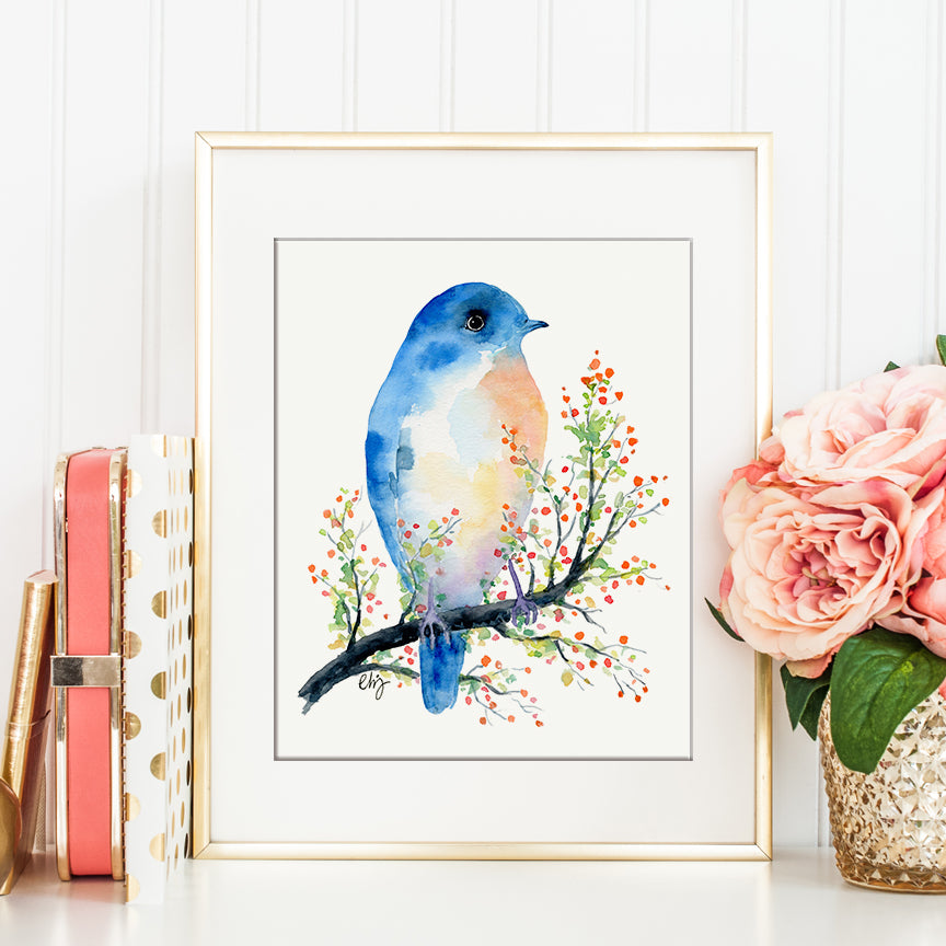 watercolor print of blue bird on red berry branch, Christmas gift