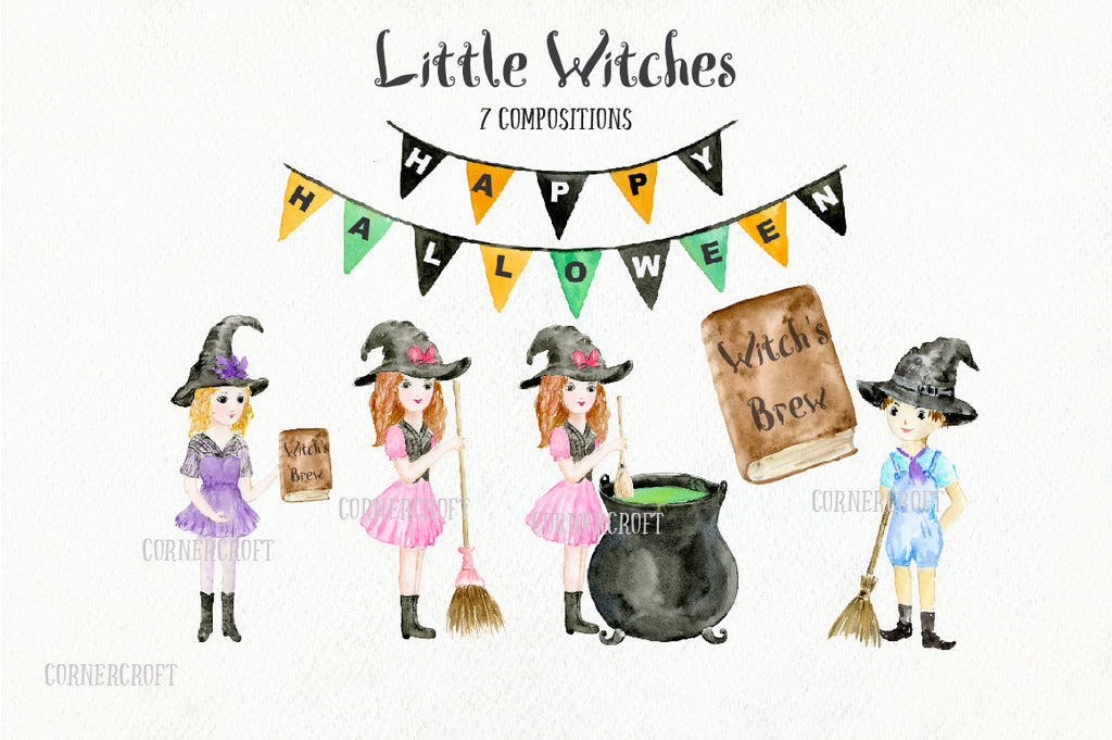 Watercolor design kit little witch, little boy and girl halloween illustration 