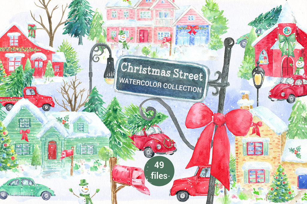 watercolor Christmas street collection, red house, church, car, christmas trees