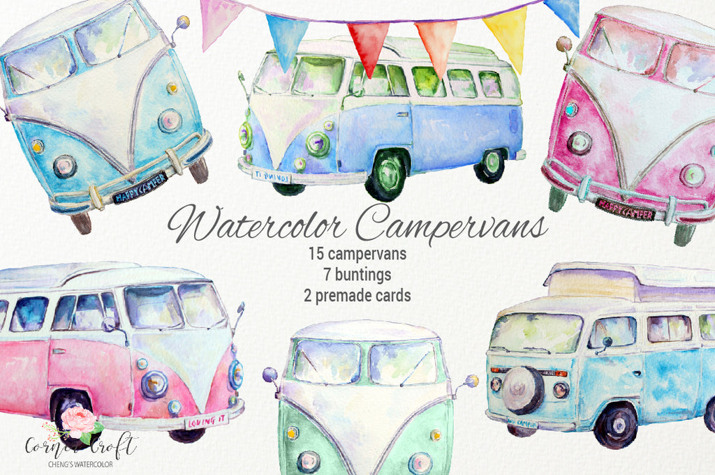 Watercolor clipart vintage campervans, leisure vehicles, camper illustation