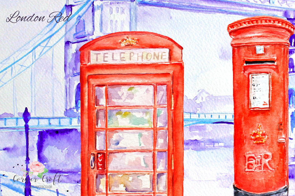 watercolor clipart London Red, red bus, Royal Mail box, London landscape painting