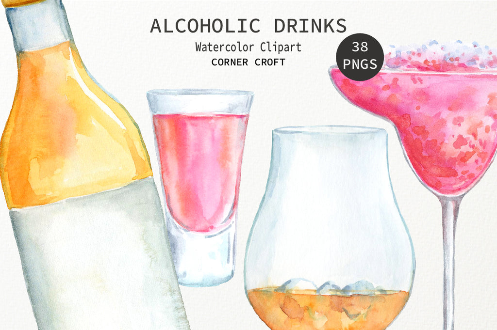 detailed painting of drink, watercolor vodka, gin, brandy, drink collection, drink illustration 