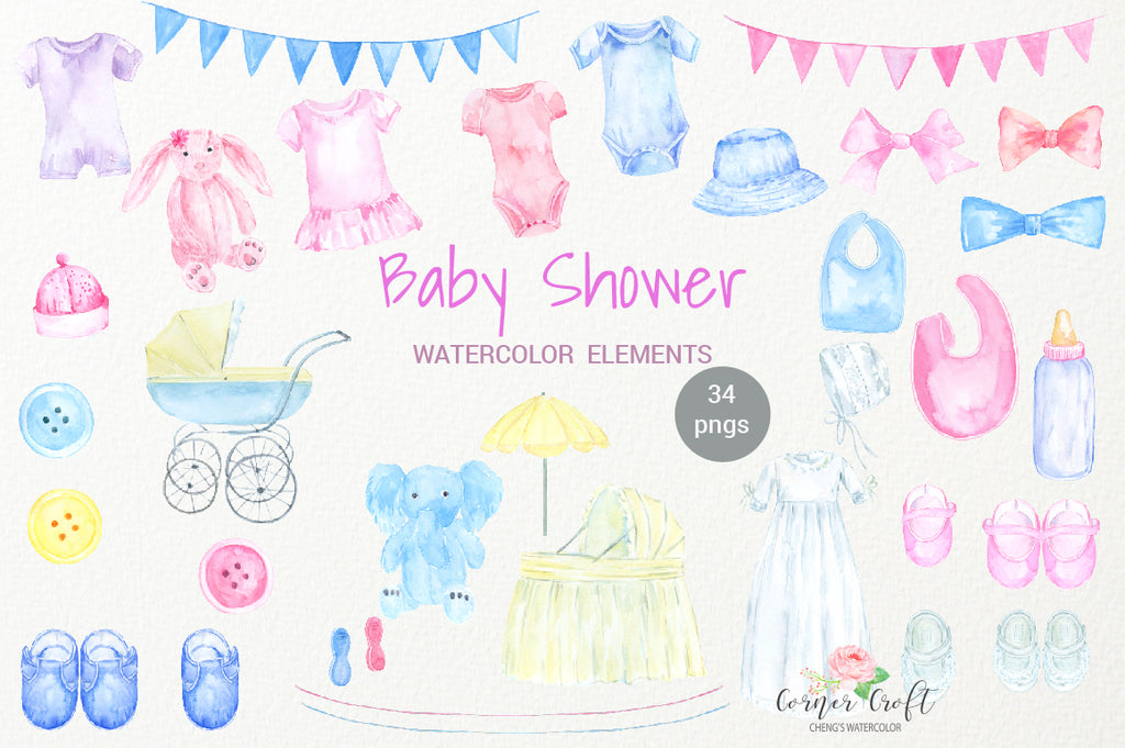 watercolor baby shower, baby cloth illustration, baby dress, baby hat, baby shoes, blue, white, pink and yellow