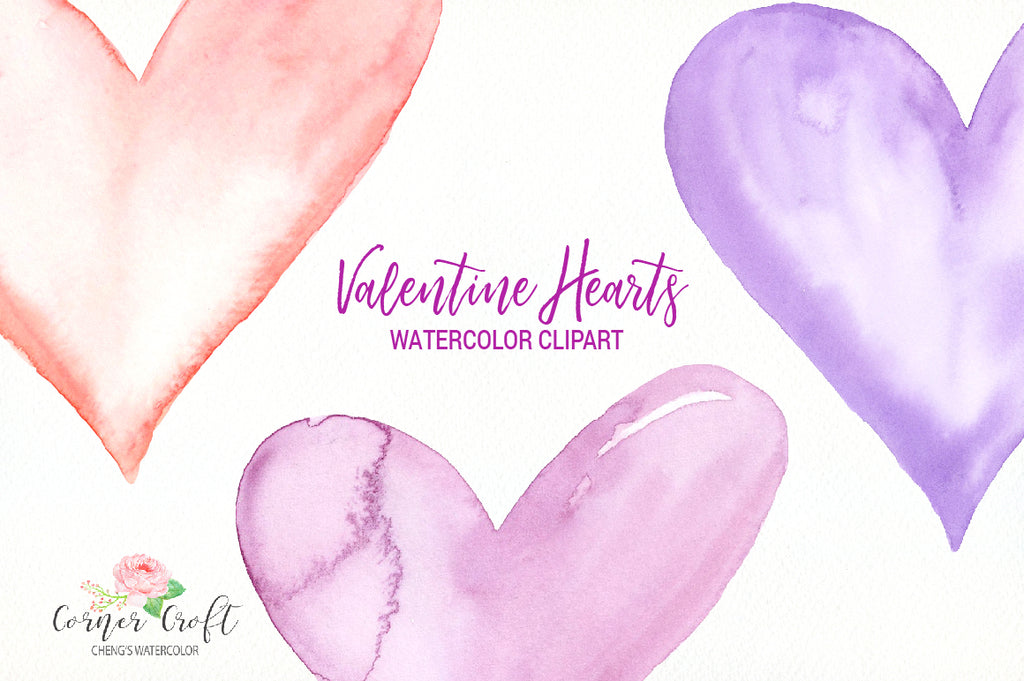 watercolor hearts, watercolor valentine clipart, blue, pink, blush, and purple