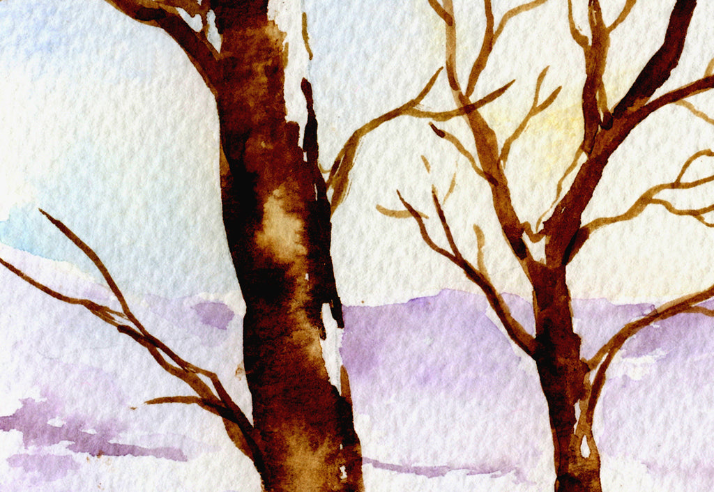 watercolor painting of bare oak tree in snow, snow mountain and oak trees. 