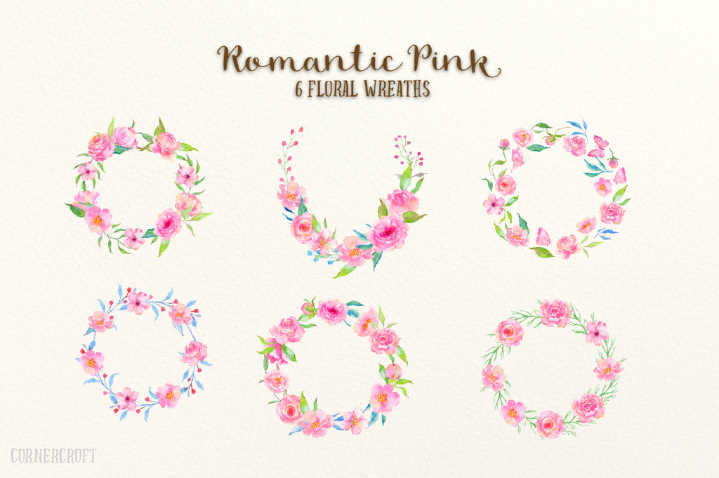 Watercolor pink wreaths, watercolor design kit romantic pink, wedding design kit, watercolor illustration 