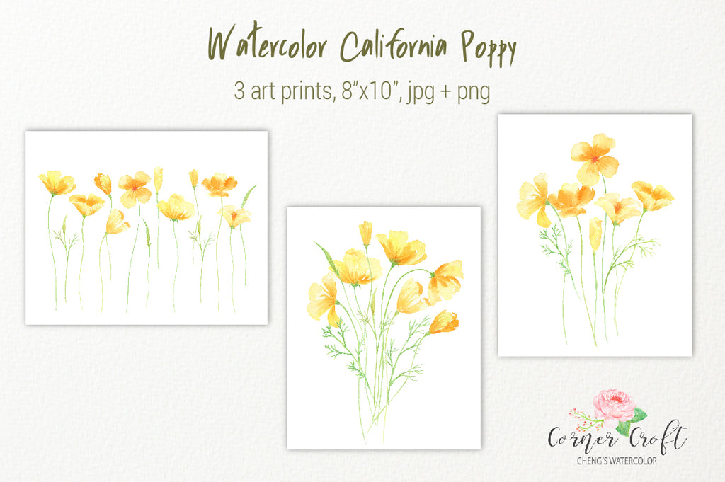 California poppy print, watercolor yellow flower printable