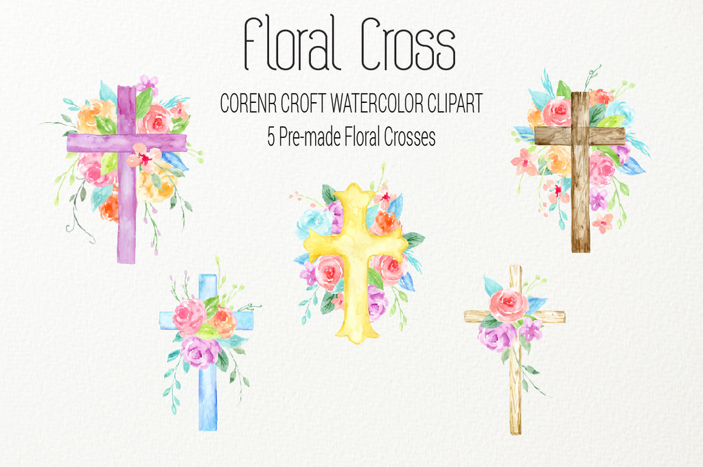 watercolor floral cross, cross decorated with pink, blue and purple flowers, digital files 
