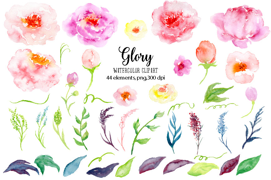 watercolor pink and purple peony collection, instant download, blog and social media design elements
