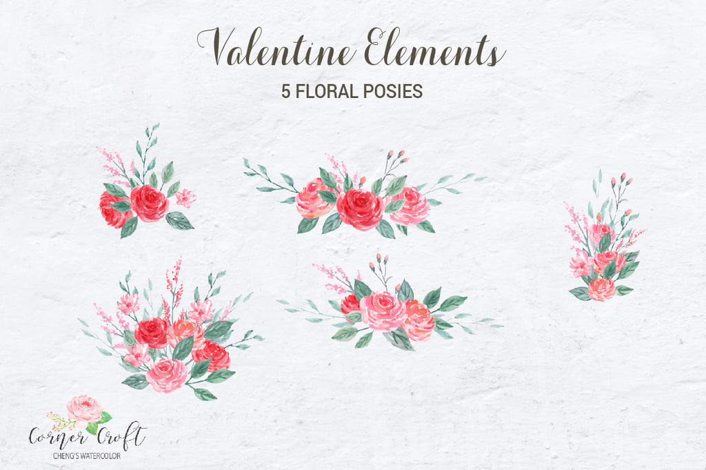watercolour floral posies, valentine flowers, corner croft clipart