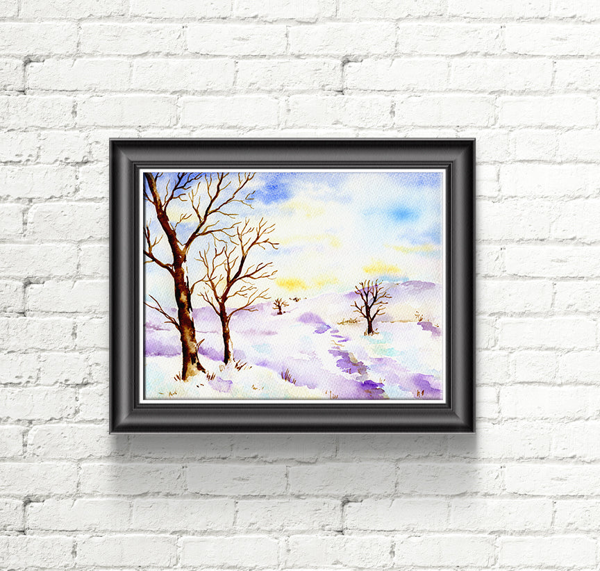 watercolor oak tree and snow hill, instant download 