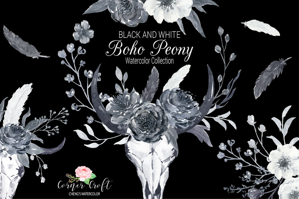 watercolor black and white peony collection, peony posy, peony wreath, logo template, watercolor peony, black peony clipart