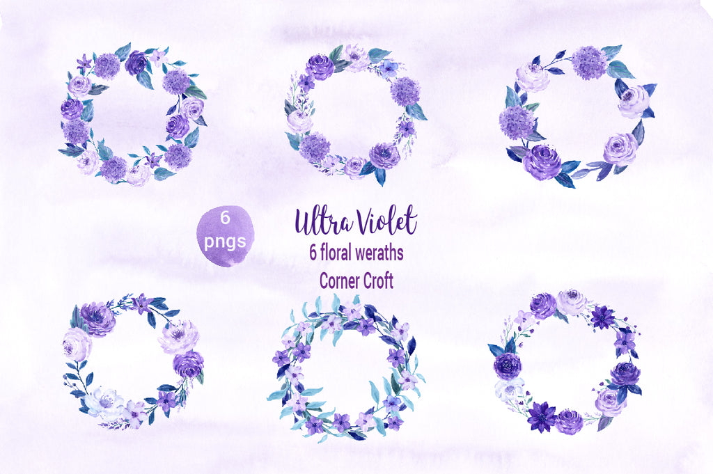 watercolor purple floral wreaths, purple flower wreaths, watercolour illustration 