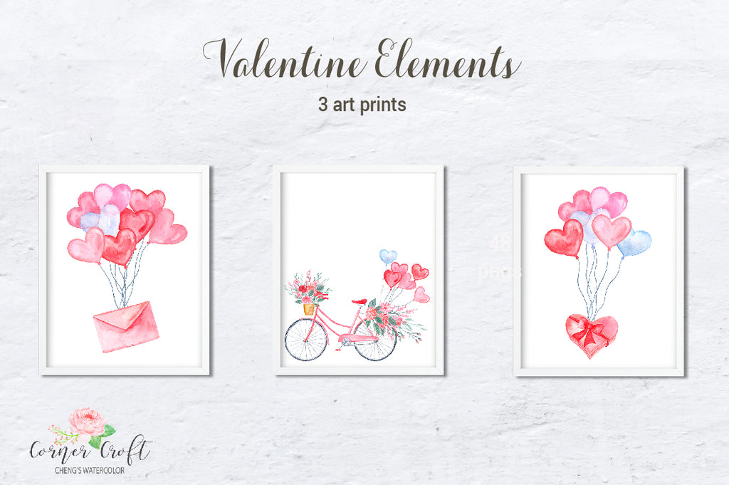 watercolor art print, valentine print, bike, hot air balloon, gift box, instant download 