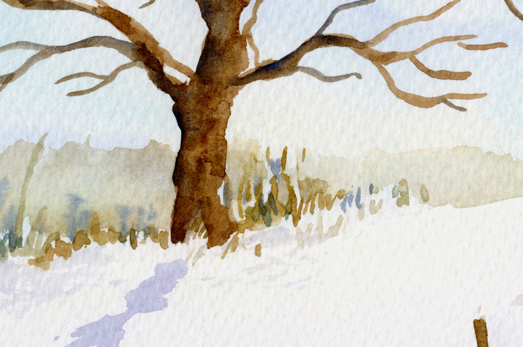 watercolor bare winter tree in snow hill, footpath with snow, digital print