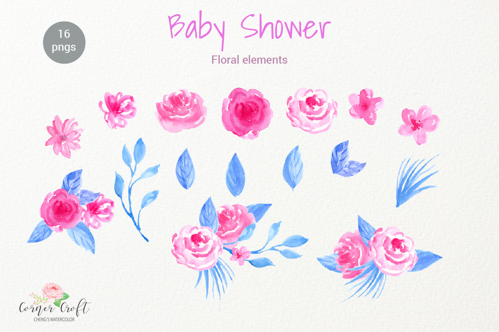 watercolor clipart baby shower, floral element, pink flower and blue leaf.