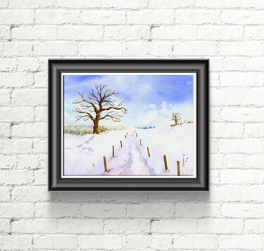 watercolor painting oak tree in snow, footpath 